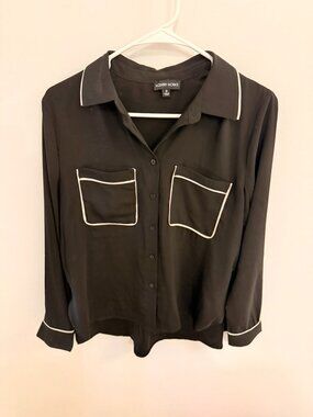Modern Works Black Contrast Trim Button Front Blouse Size Small